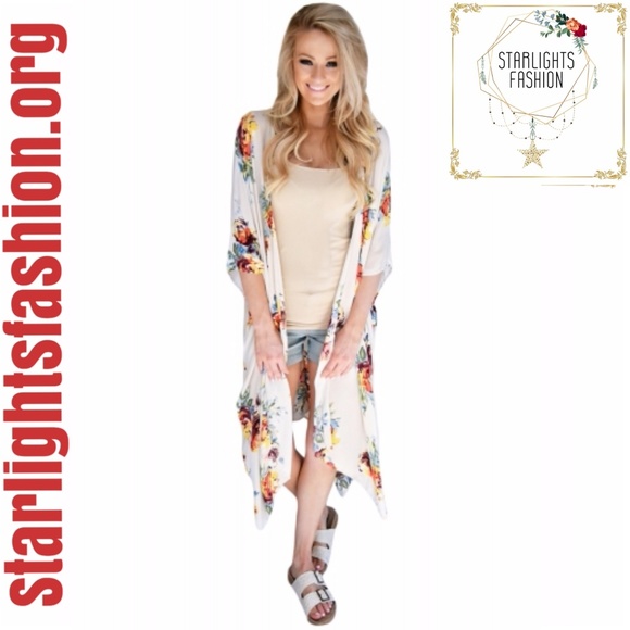 starlights fashion Jackets & Blazers - Ivory Floral Side Slit Boho Kimono